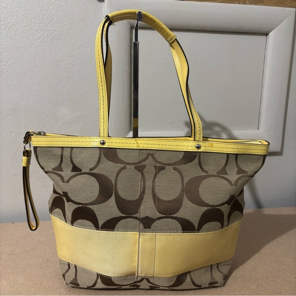 Coach Signature Canvas Yellow Stripe Leather Trim Shoulder Tote Trapezoid Bag - Picture 4 of 15
